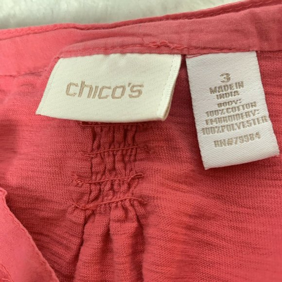 Chico's Coral Size 3 Embroidered Button Down 3/4 - Picture 5 of 6